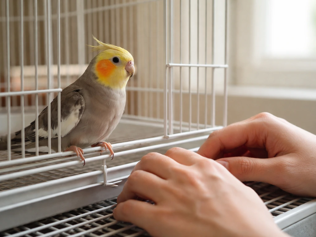 Person gently near bird cage; small pet bird calmly perched, showing trust-building without grabbing.