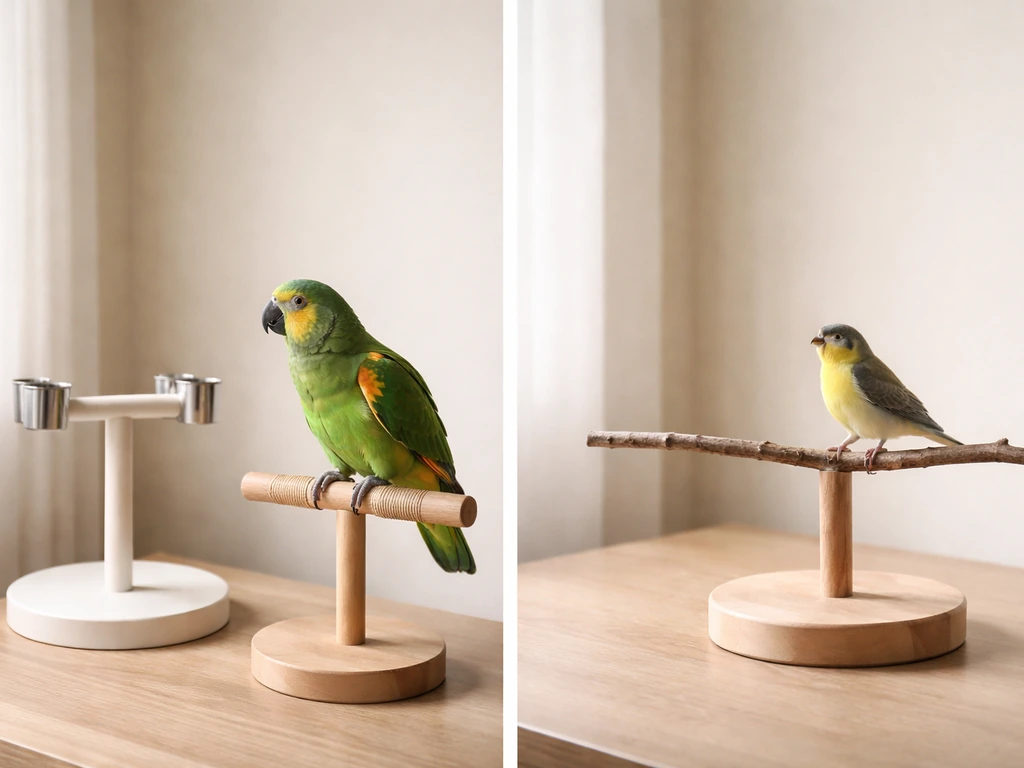 Medium/large parrot and small songbird on simple perches in a quiet, natural-light training setup.