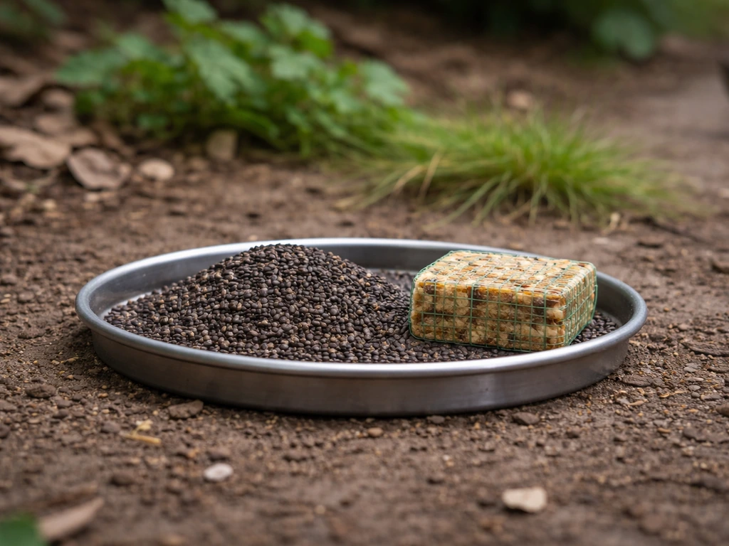 Ground-level view of bird-friendly food placed consistently near natural cover, safely spaced