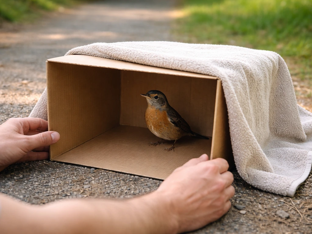 Small wild bird calmly moving into an open box while hands hold it steady nearby.