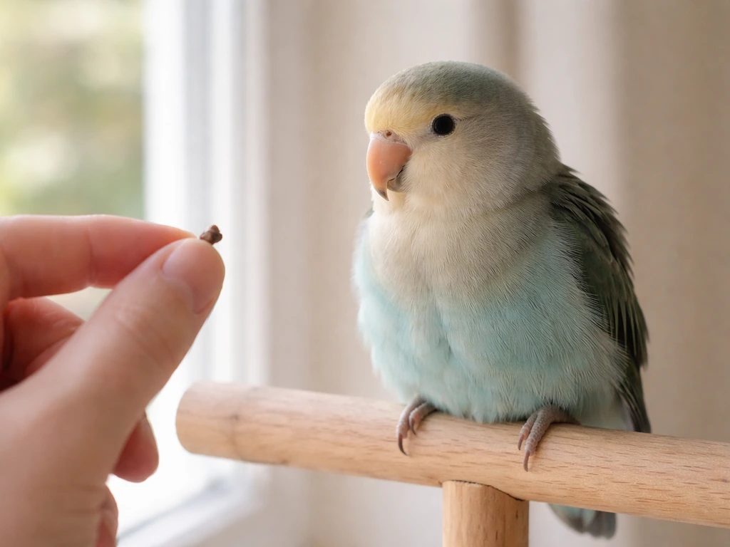 A relaxed pet bird perched calmly as a hand offers a treat at a gentle, non-threatening distance.