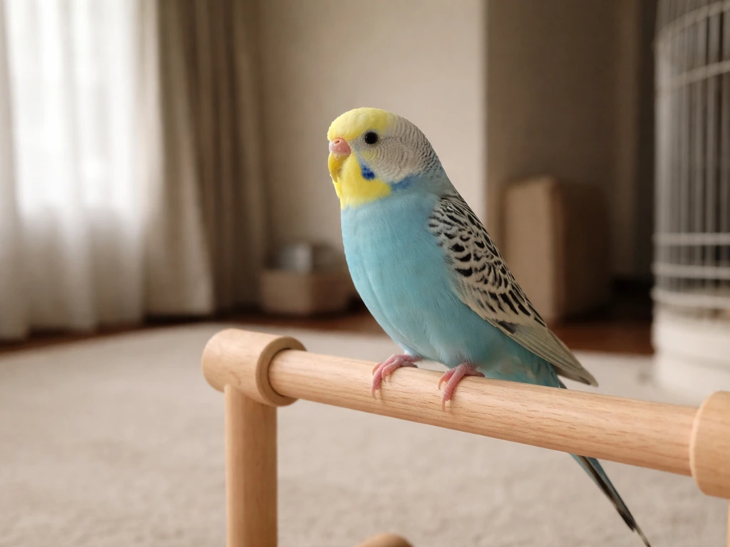 Small pet bird calmly perched in a quiet, dim room with a covered background and empty play area.
