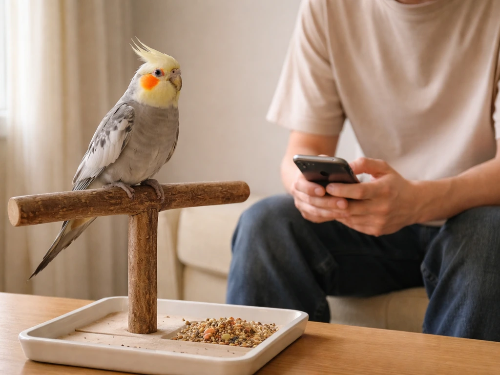 A cockatiel stays calm on a perch while a person sits quietly beside it with treats nearby.