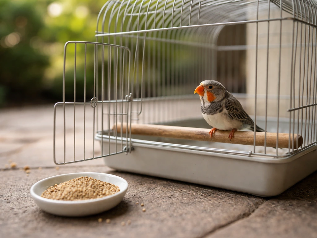 A calm finch on a perch inside a small cage with millet offered outside, no chasing.