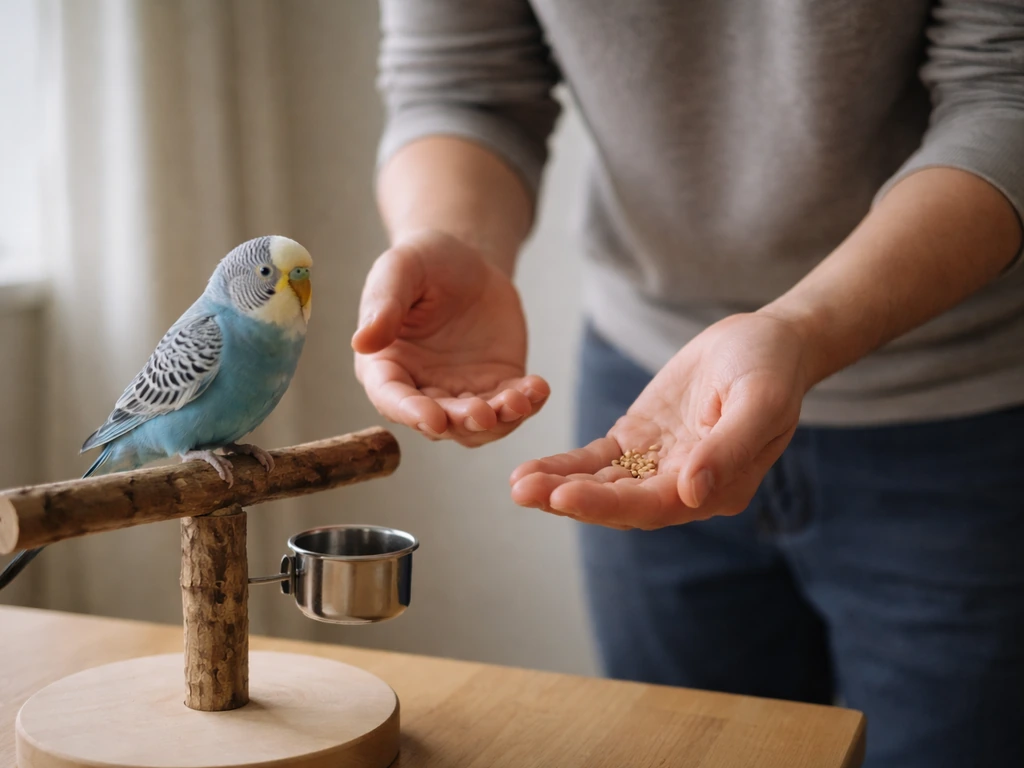 Calm person’s open hand with treats slowly approaching a small bird on a wooden perch indoors.