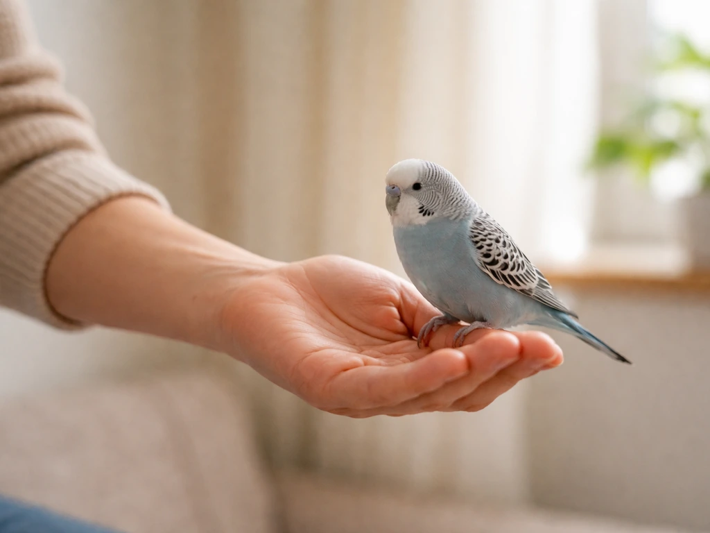 Hand offers a perch from the side while a calm pet bird approaches indoors.