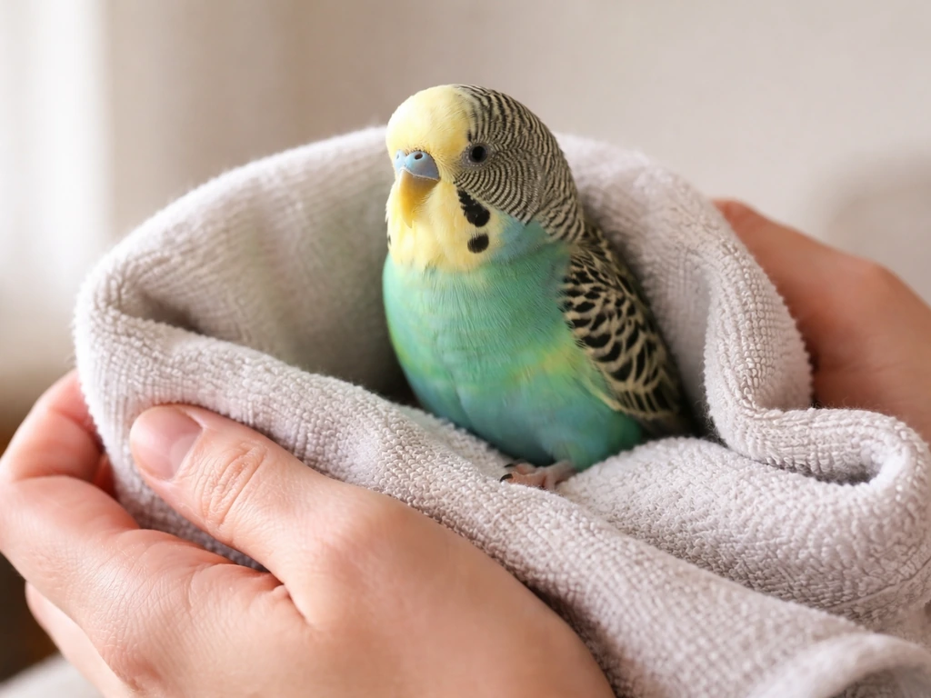 A handler gently supports a budgie with a soft towel, guiding it without squeezing in a quiet room.