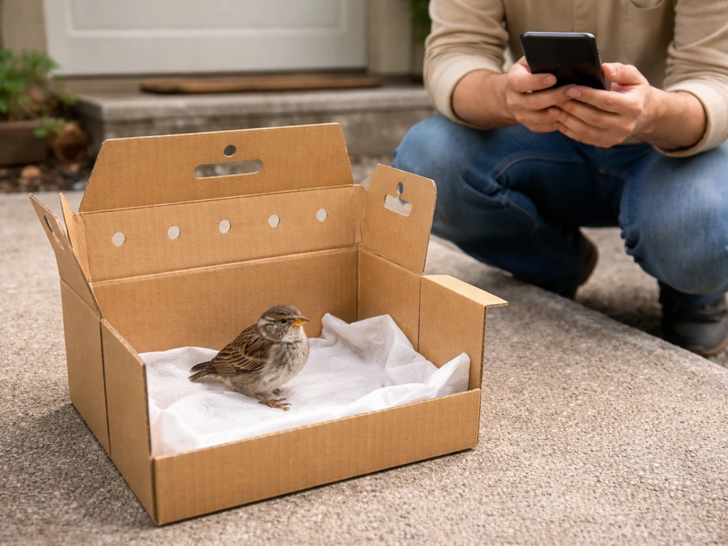 Wild bird in a ventilated transport box beside a person holding a phone to call a wildlife rehabilitator