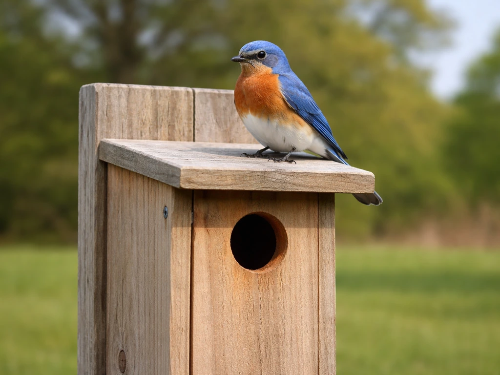 A bluebird perched at a wooden nest box entrance in a quiet open yard.