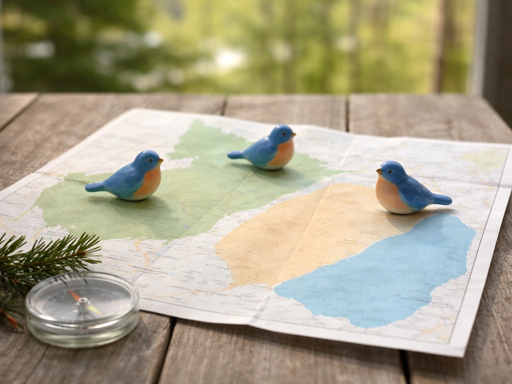 Small paper map on a porch table with three generic bluebird figurines and a compass nearby.