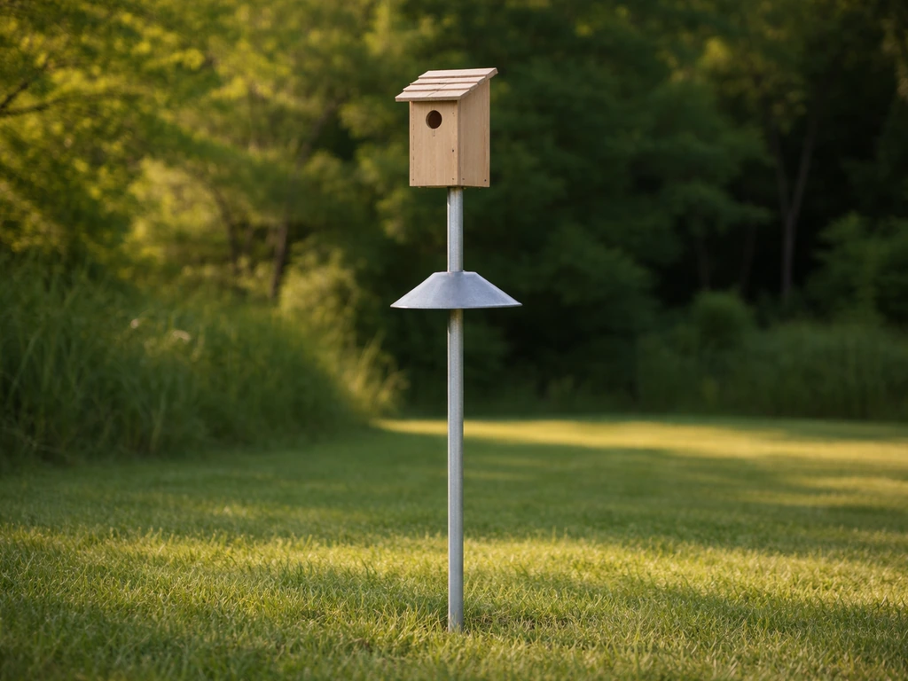 Bluebird nest box mounted on a smooth metal pole with a visible predator guard, outdoors on a clear day.