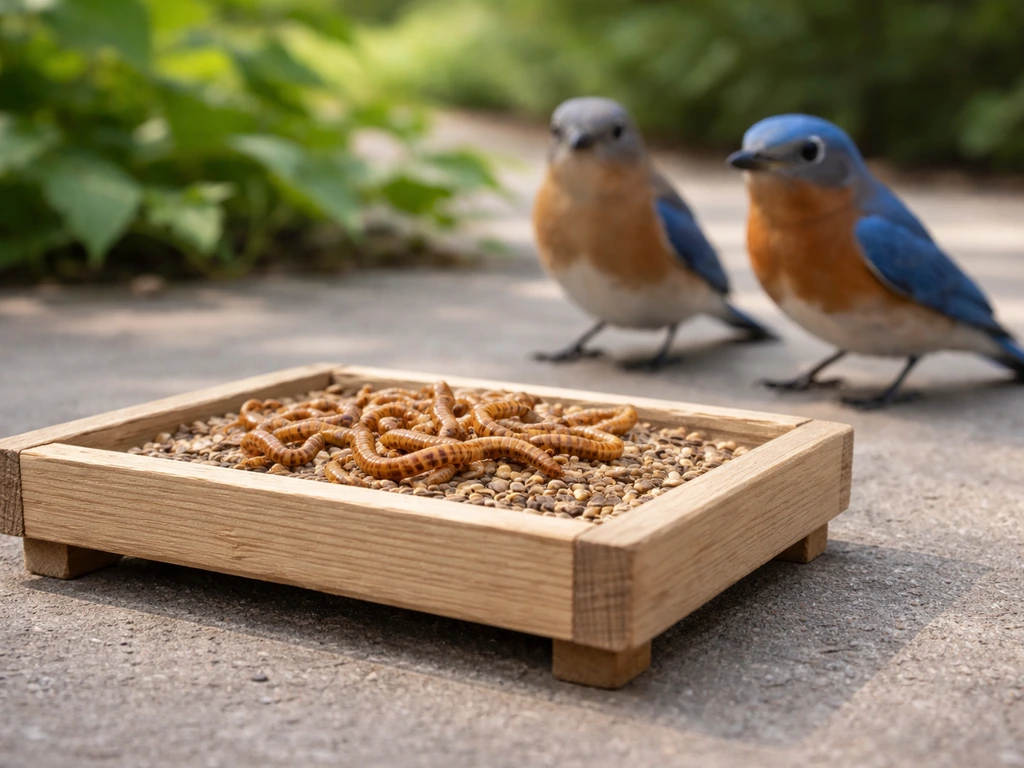 A small wooden feeder with live mealworms on a garden table, bluebirds waiting nearby.