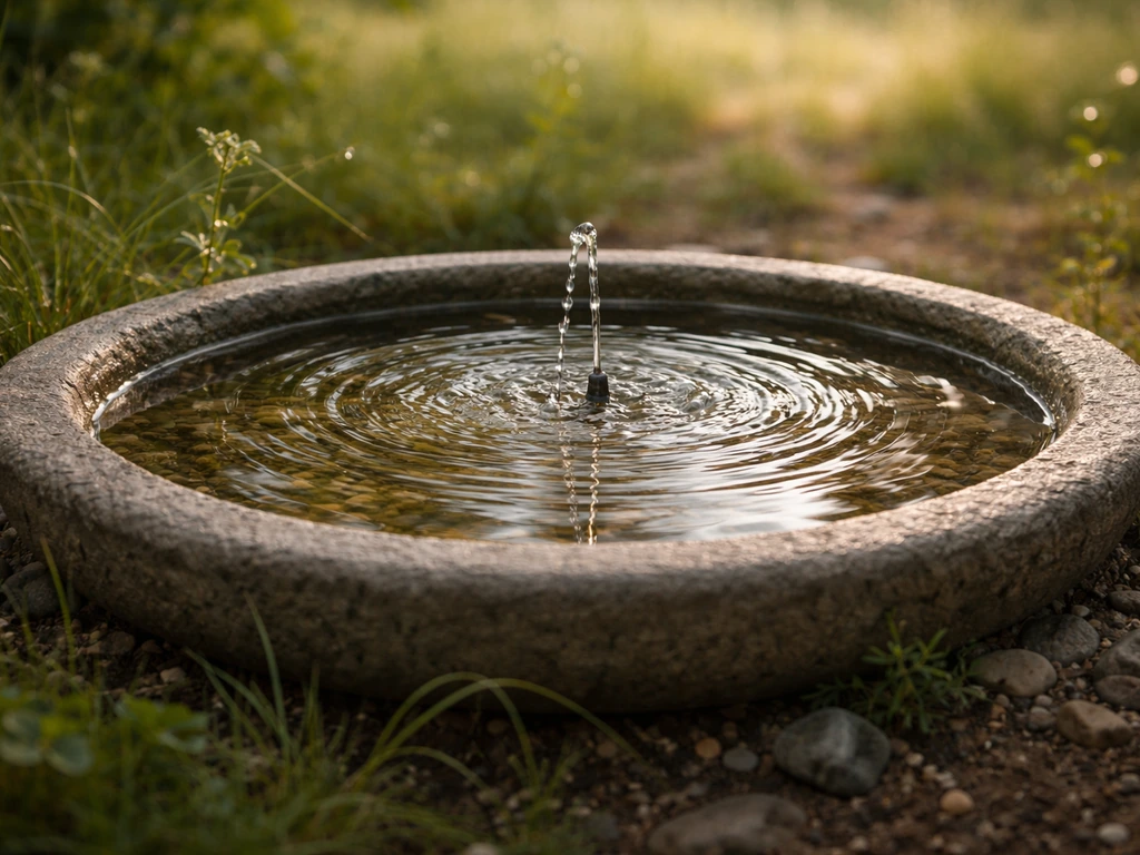 Shallow birdbath with moving water and droplets beside open green grass habitat outdoors