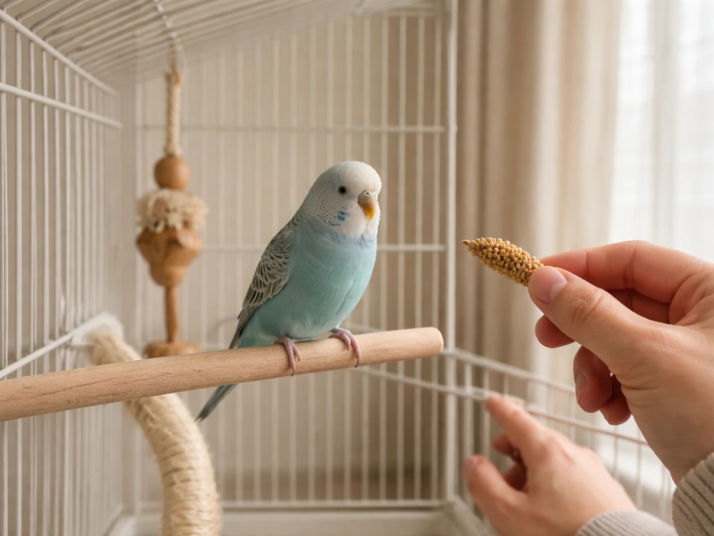 Calm bird in a small perch area while treats are offered gently, hands kept safely away to prevent bites.