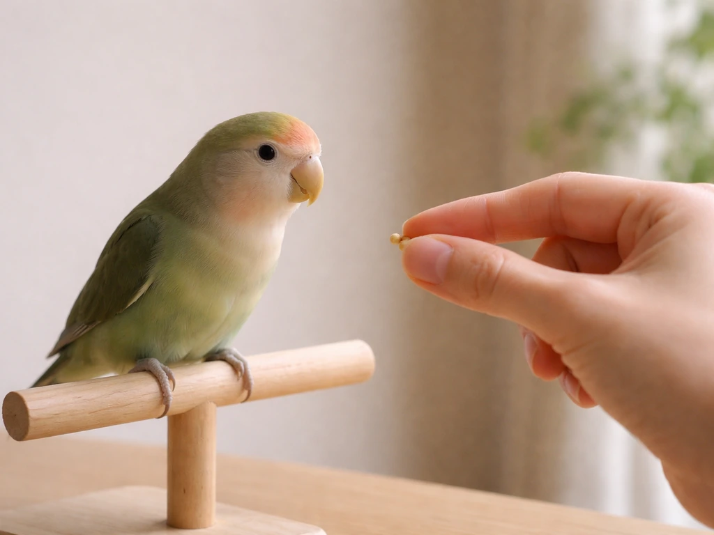 A small bird calmly approaches an offered treat while a handler keeps their hand still, trust-building moment.