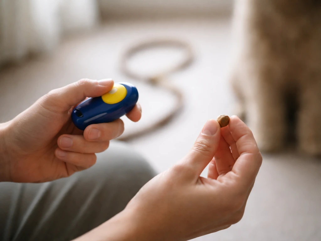 Dog trainer’s hand pressing a clicker while a treat is delivered at the exact right moment.