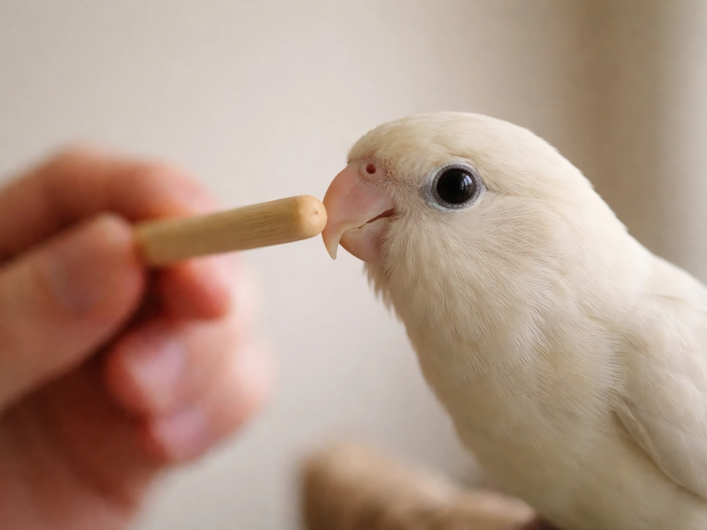 A calm bird gently taps its beak to a handler-held chopstick target, close-up and focused.