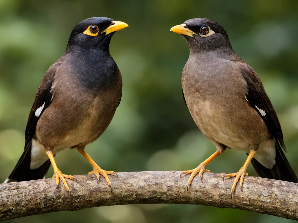 Two similar birds side-by-side on a branch, highlighting common myna markings and body shape differences.