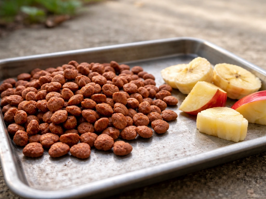 Dry red cat food kibble and small fruit pieces arranged on a tray for bird bait.