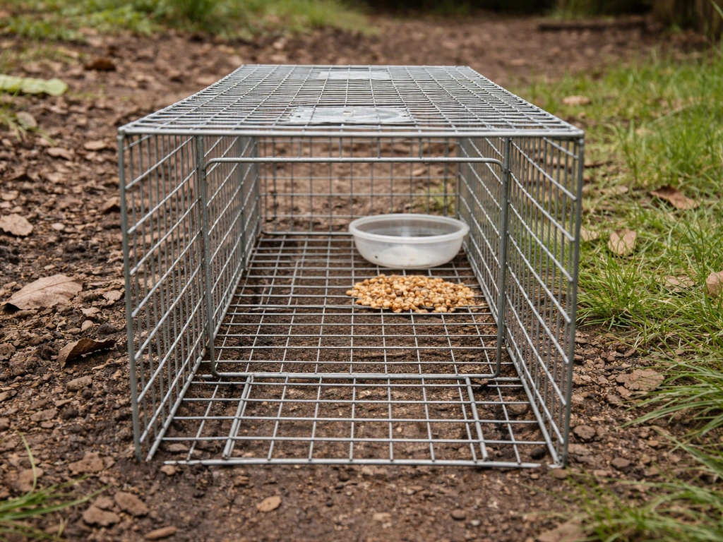 Outdoor wire walk-in cage trap set at a feeding spot with water dish and bird food inside.
