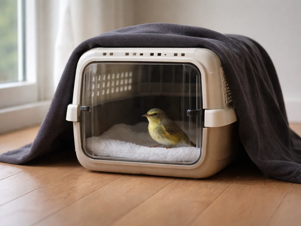 A small bird safely inside a ventilated carry container in dim, quiet indoor light.