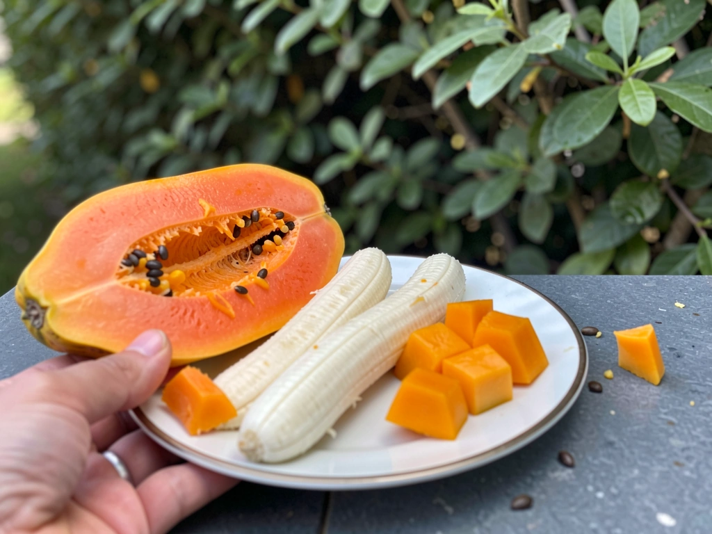 Cut papaya, banana, and mango being placed on a bulbul platform feeder