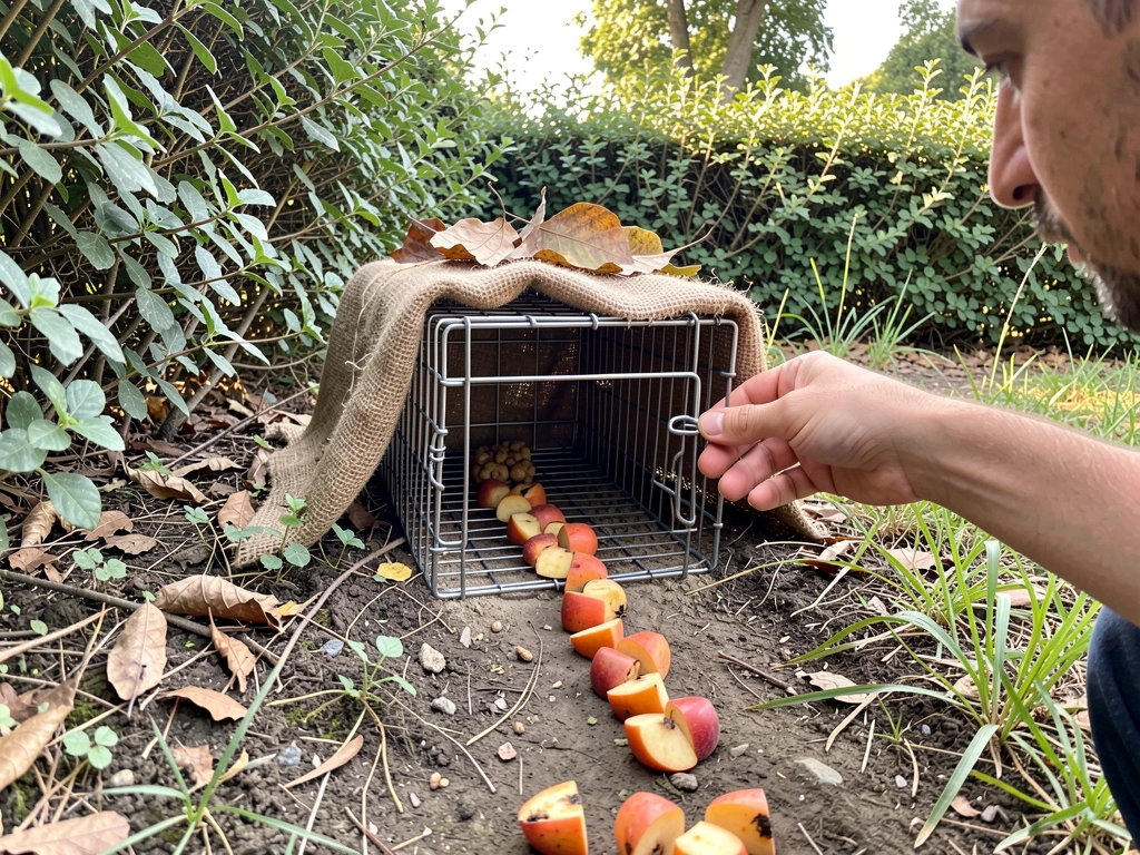 Wire trap positioned in hedge cover with bait inside and a fruit guide trail