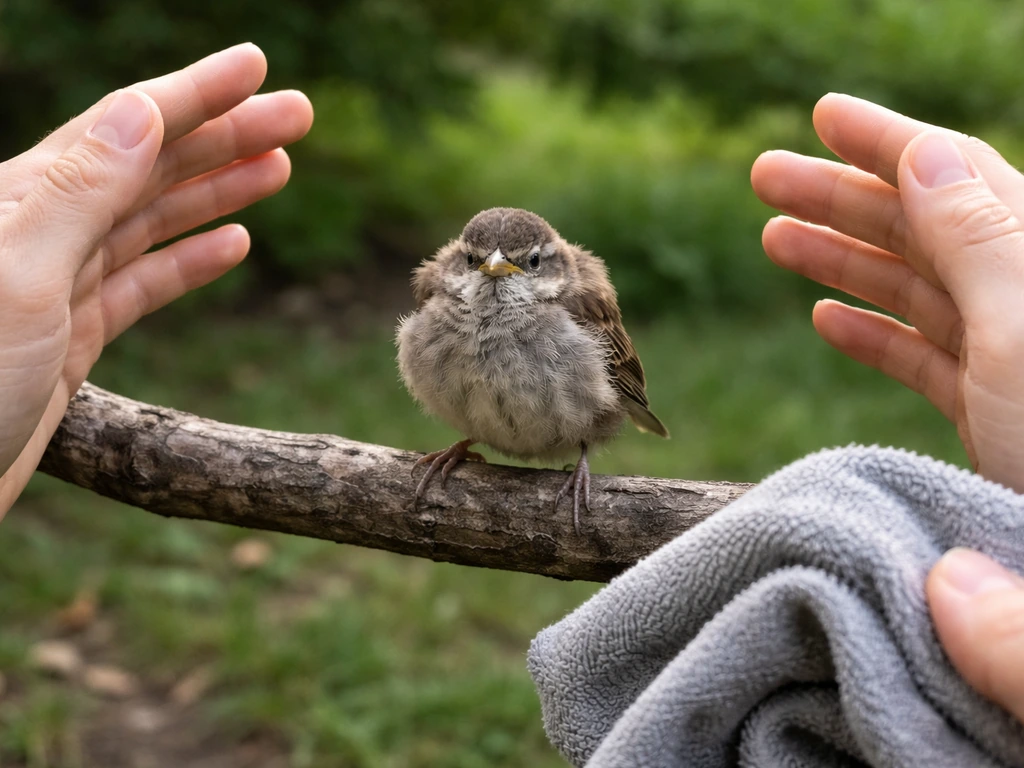 Bare hands hover near a perched wild bird while a towel is held as a safer alternative.