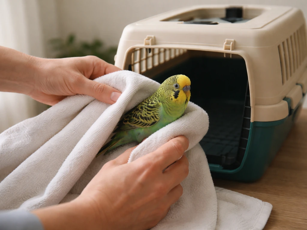 Anonymous person uses a towel to guide a pet bird into a carrier in a simple indoor room.