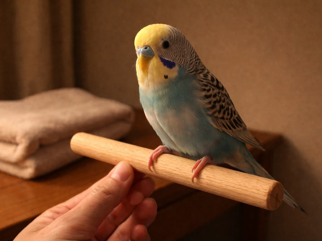 Low-light room with a small budgie perched on a wooden dowel as a hand and towel are ready.