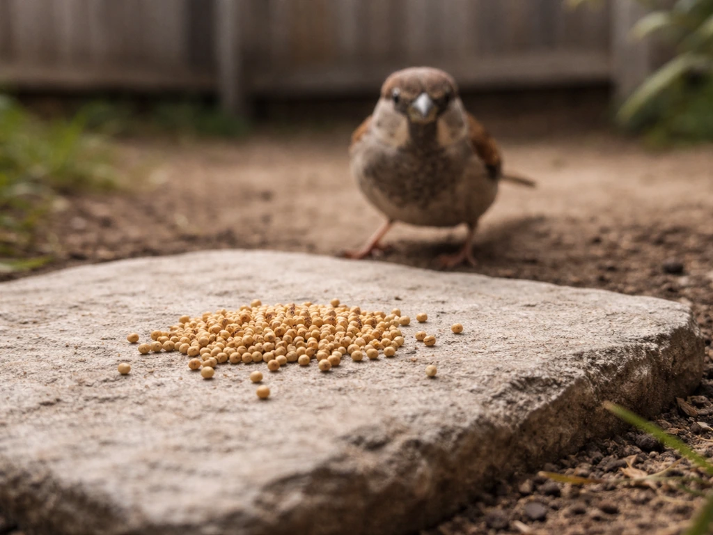 Close-up of millet seeds on a flat tray inside a quiet enclosed yard as a small bird approaches