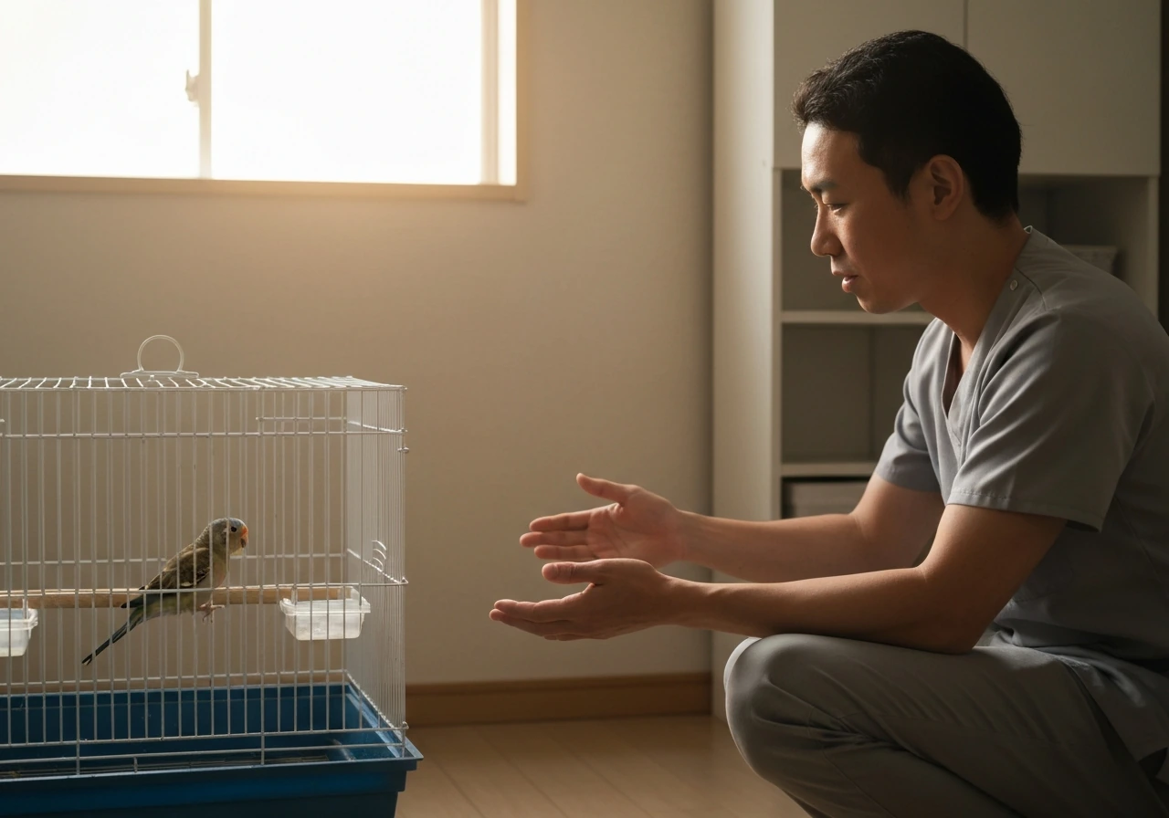 Caregiver kneels calmly by a bird cage, watching an anxious pet bird from a respectful distance.