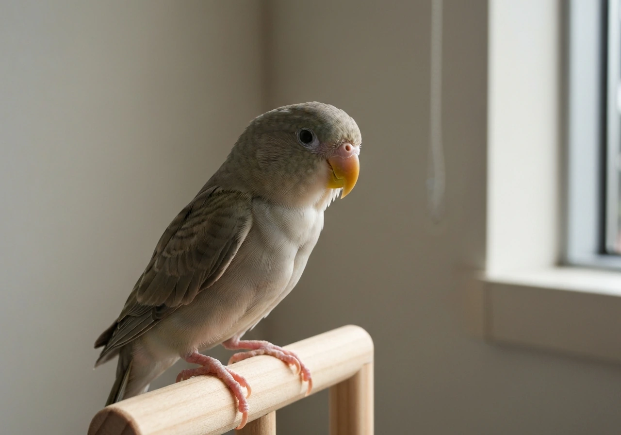 Close-up of a small pet bird calmly perched, watching from a quiet room for safety triage.