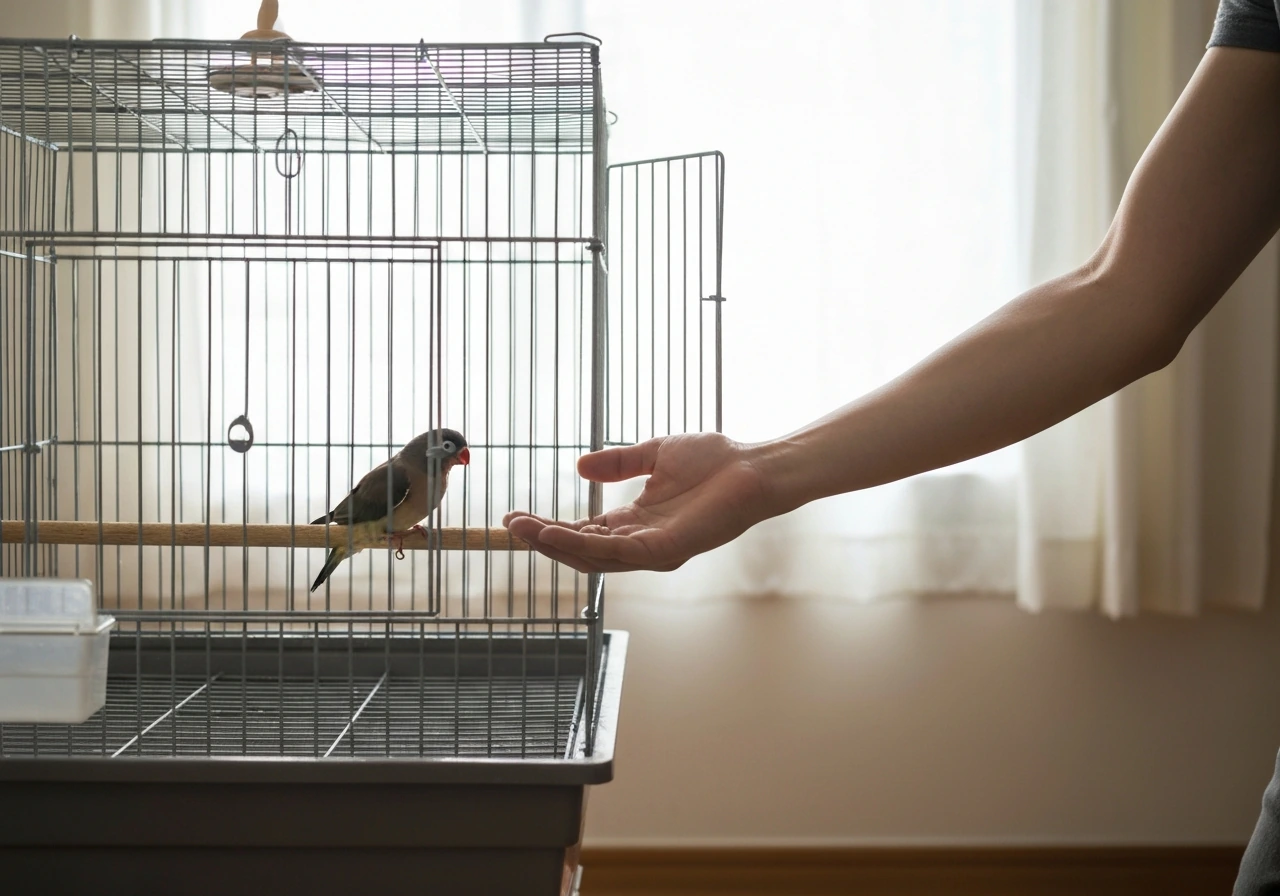 Side-angle view of a person’s hand offering food near a bird cage with space maintained