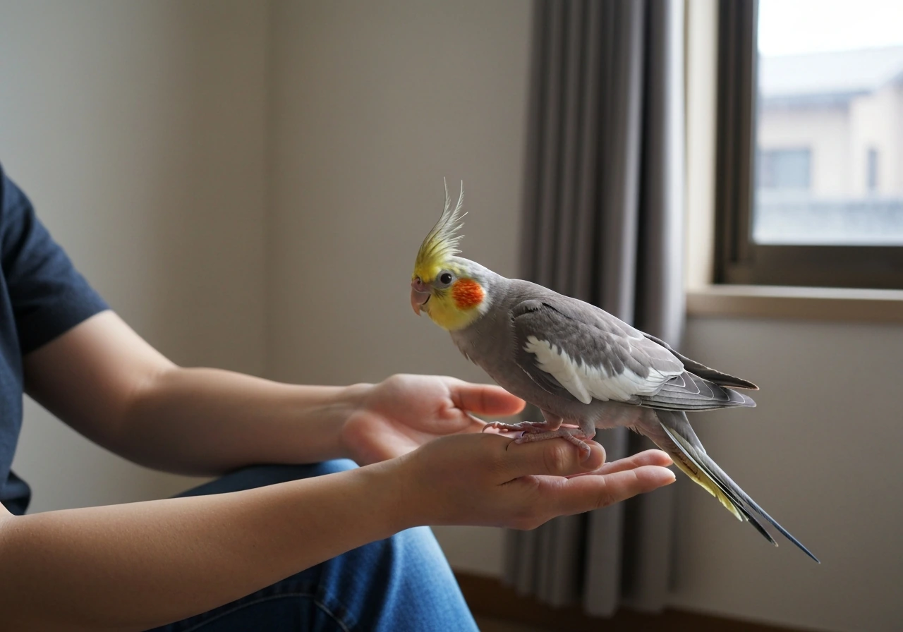 A light-colored cockatiel perched on a finger while a seated person offers a calm, gentle training cue