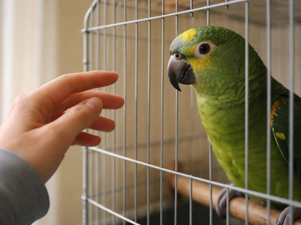 A parrot at the cage bars while a trainer’s hand calmly backs away, signaling a pause without any text.