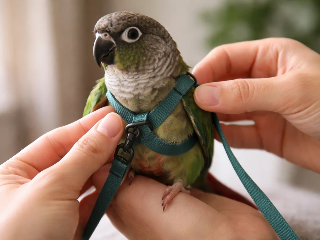 Pet bird perched on a hand as hands gently fit a safety harness leash