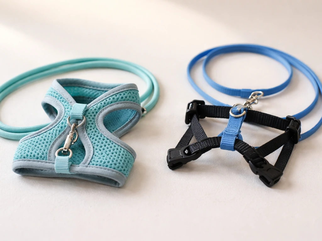 Close-up of two pet bird harness types—figure-eight/vest and strap-buckle—laid side-by-side for comparison.