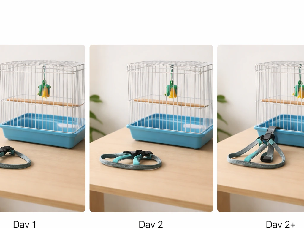 Three-step photo sequence showing a bird cage and a harness gradually moved closer over two days.