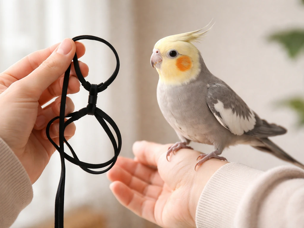 Cockatiel calmly steps onto a hand while a figure-eight harness neck loop is held open nearby.