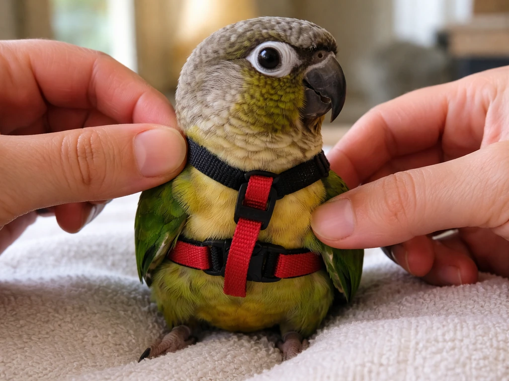 Close-up of fitting a bird harness indoors, showing one-finger clearance and flat wing loops.