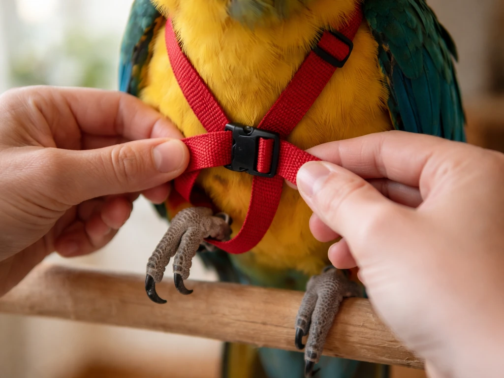 Close-up of a parrot harness being adjusted, showing loose fit risk near a toe to prevent catching.