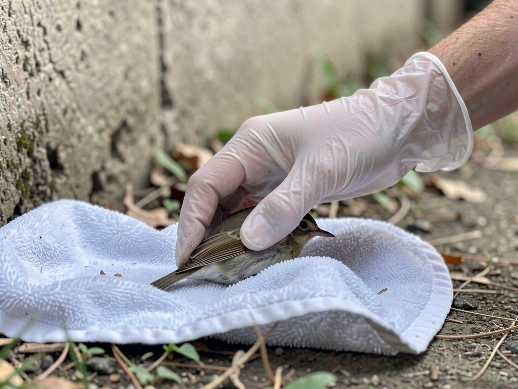 Gloved hands gently covering an injured wild bird with a towel to reduce stress