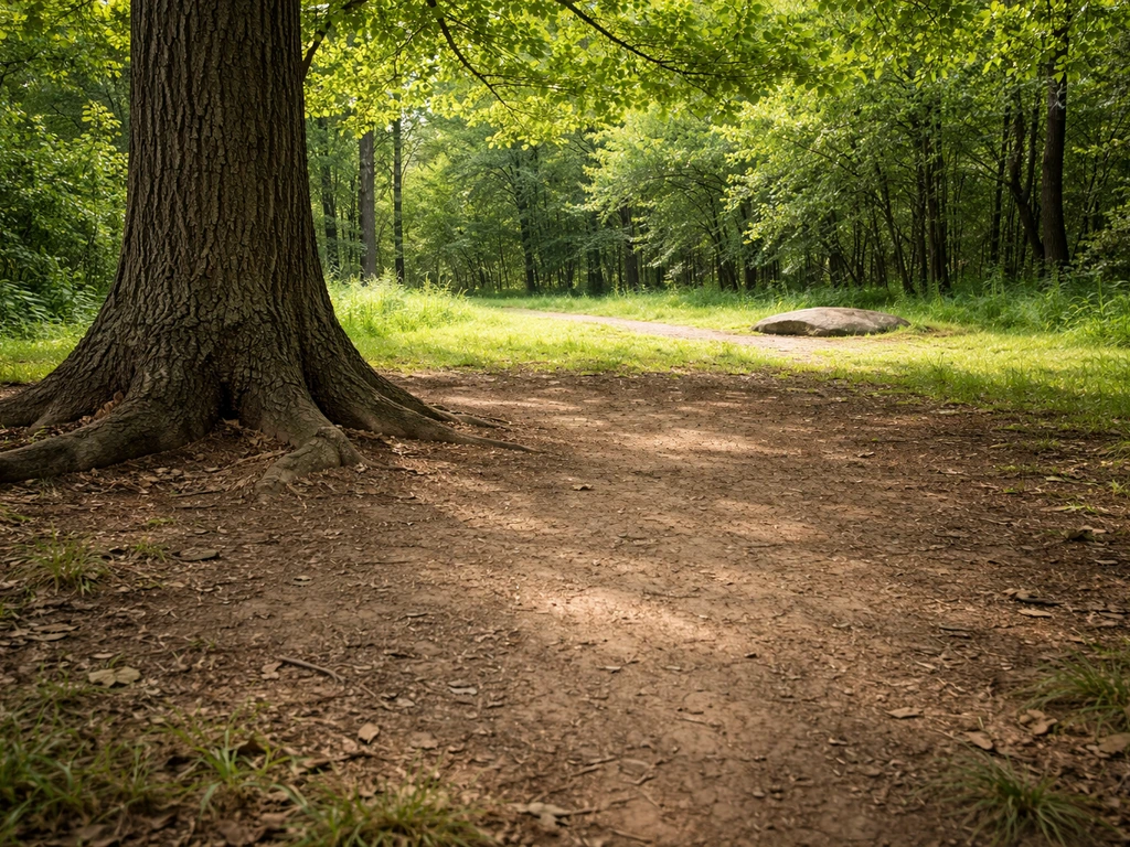 A cleared area beneath a tree with open ground for safe bird observation, minimal natural scene.