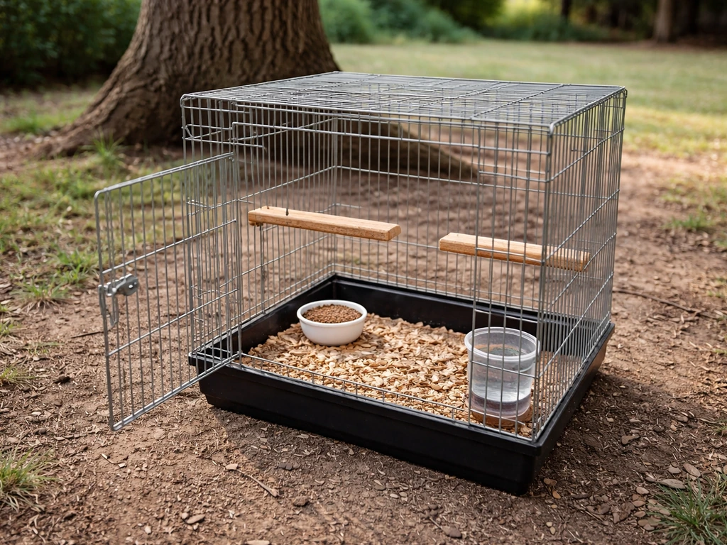 An open pet bird cage near a tree base with food and water ready, door open for easy escape back home.