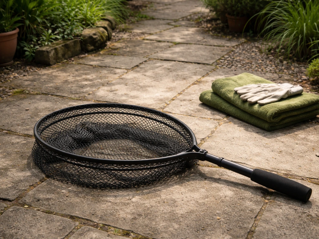 Soft landing net with deep bag on the ground beside a folded towel, staged for careful last-resort use.