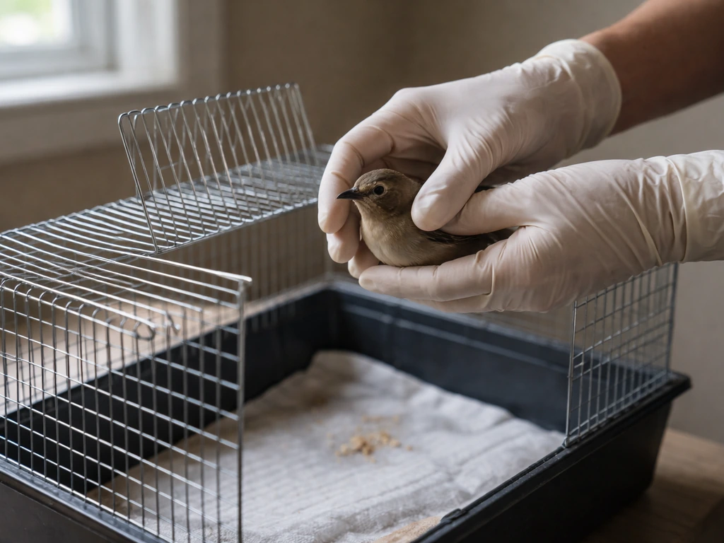 A small bird being gently placed into a secure travel cage in a quiet, dim room.