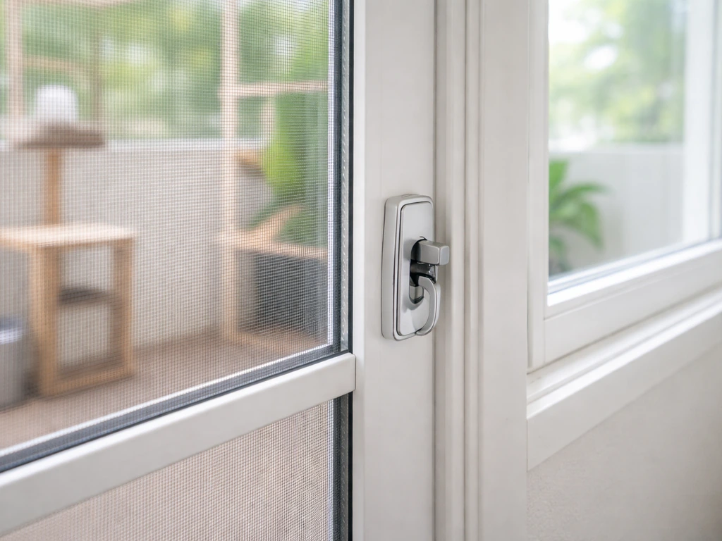 Close-up of a properly latched door and fitted window screen in a bird room, showing escape-proofing basics.