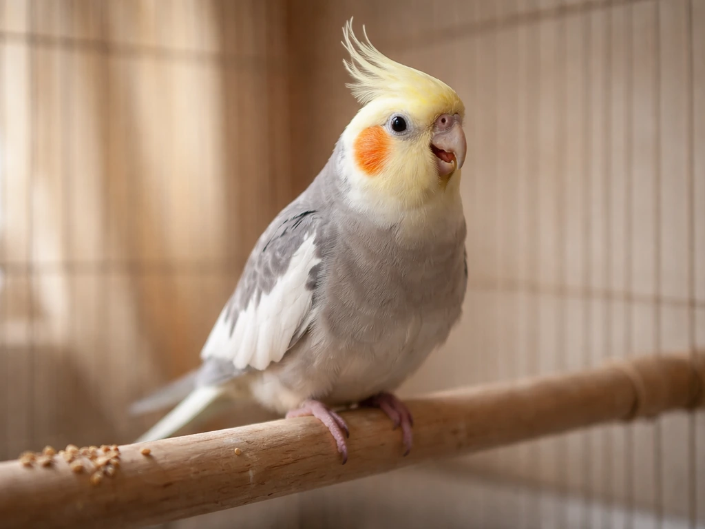 Happy cockatiel perched upright with a relaxed crest, alert eyes, and soft chirping vibe.