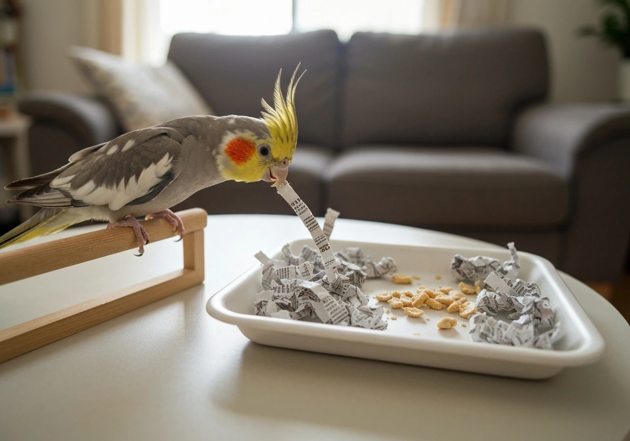 Cockatiel shredding crumpled paper and foraging treats in a small indoor tray during playtime.